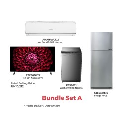 SHARP Bundle Set A (2.0HP R32 Non-Inverter Air Conditioner, 50 inch 4K UHD Android TV, 9.5kg Full Auto Washing Machine, 480L Pelican Refrigerator)