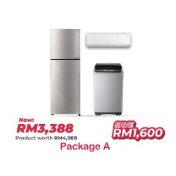 Package A (1.5HP R32 Non-Inverter Air Conditioner + 8.5kg Non-Inverter Top Load Washing + 320L 2 Door Inverter Refrigerator)