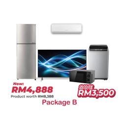 Package B (50" TV Aquos 4K UHD Smart Google TV + 1.5HP R32 Non-Inverter Air Conditioner + 8.5kg Non-Inverter Top Load Washing + 320L 2 Door Inverter Refrigerator + 23L Solo Microwave Oven)