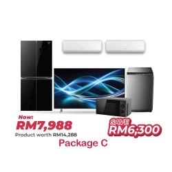 Package C (65" TV Aquos 4K UHD Smart Google TV + 1.5HP R32 Non-Inverter Air Conditioner + 1.0HP R32 Non-Inverter Air Conditioner + 8.5KG Top Load Washing Machine + 480L 4 Doors Inverter Refrigerator + 23L Solo Microwave Oven)