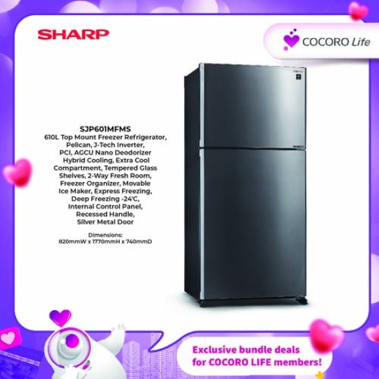 SHARP 610L Top Mount Freezer Refrigerator, SJP601MFMS