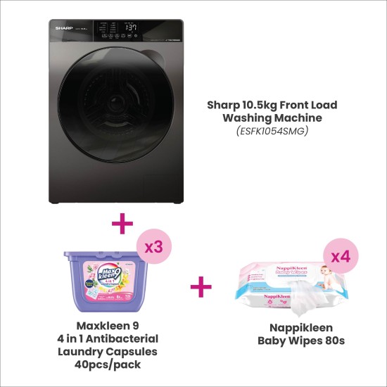 Bundle Set E (SHARP 10.5kg Front Load Washing Machine, 4 in 1 Antibacterial Laundry Capsules, Baby Wipes)