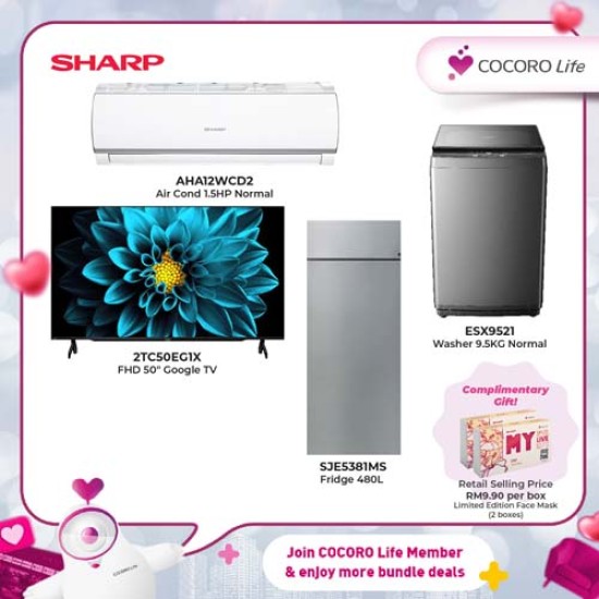 AIRCOND 1.5HP NORMAL + FHD 50" GOOGLE TV + WASHER 9.5KG NORMAL + FRIDGE 480L 