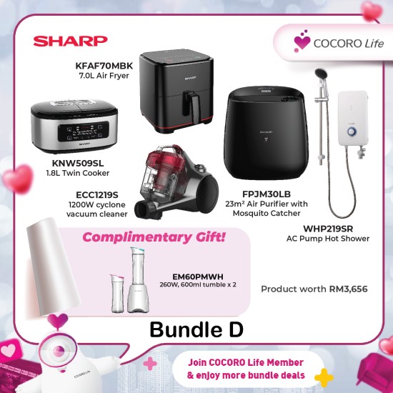 SHARP Bundle Set D (7.0L Auto Pot Detection Air Fryer, Twin Cooker, 1200W Bagless Vacuum Cleaner, 30m² Plasmacluster Technology Air Purifier with Mosquito Catcher, Hot Shower with AC Pump )