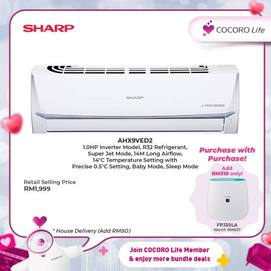 SHARP 1.0HP J-Tech Inverter Air Conditioner, AHX9VED2 SHARP 1.0HP J-Tech Inverter Air Conditioner, AHX9VED2