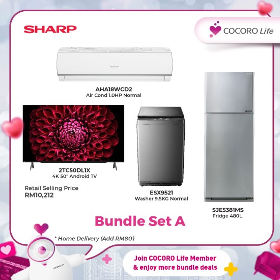 SHARP Bundle Set A (2.0HP R32 Non-Inverter Air Conditioner, 50 inch 4K UHD Android TV, 9.5kg Full Auto Washing Machine, 480L Pelican Refrigerator) SHARP Bundle Set A (2.0HP R32 Non-Inverter Air Conditioner, 50 inch 4K UHD Android TV, 9.5kg Full Auto Washing Machine, 480L Pelican Refrigerator)