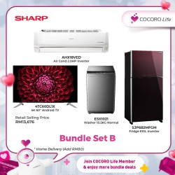 SHARP Bundle Set B (610L Pelican Refrigerator, AQUOS 60 Inch 4K UHD Android TV, 10.5kg Washing Machine, 2.0HP J- Tech Inverter Air Conditioner)