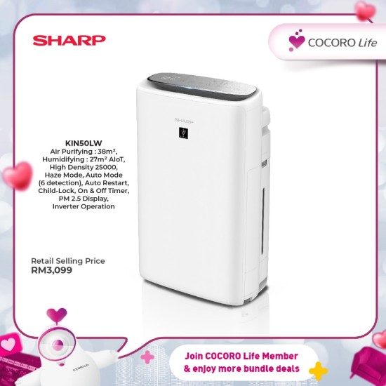 SHARP 38m² Plasmacluster Technology Humidifying Air Purifier, KIN50LW